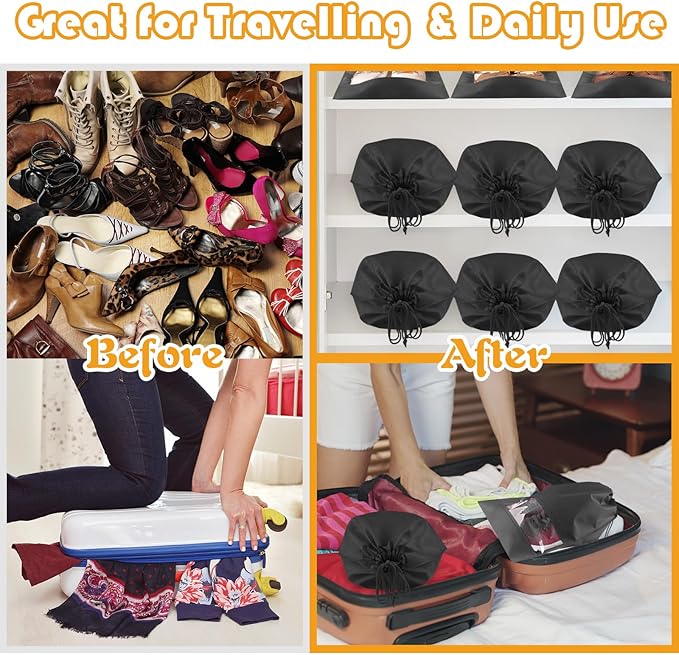 Large Black Travel Shoe Bags, 5 Pcs with Clear Window, Non-Woven Drawstring