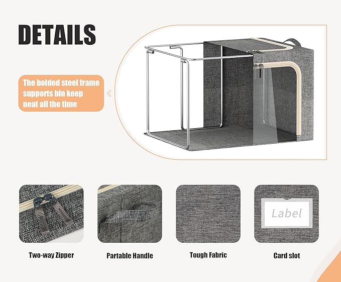 3 Opeings Large Clothes Storage Bins with Metal Frame, 3 Pcs,Dark Grey,66L