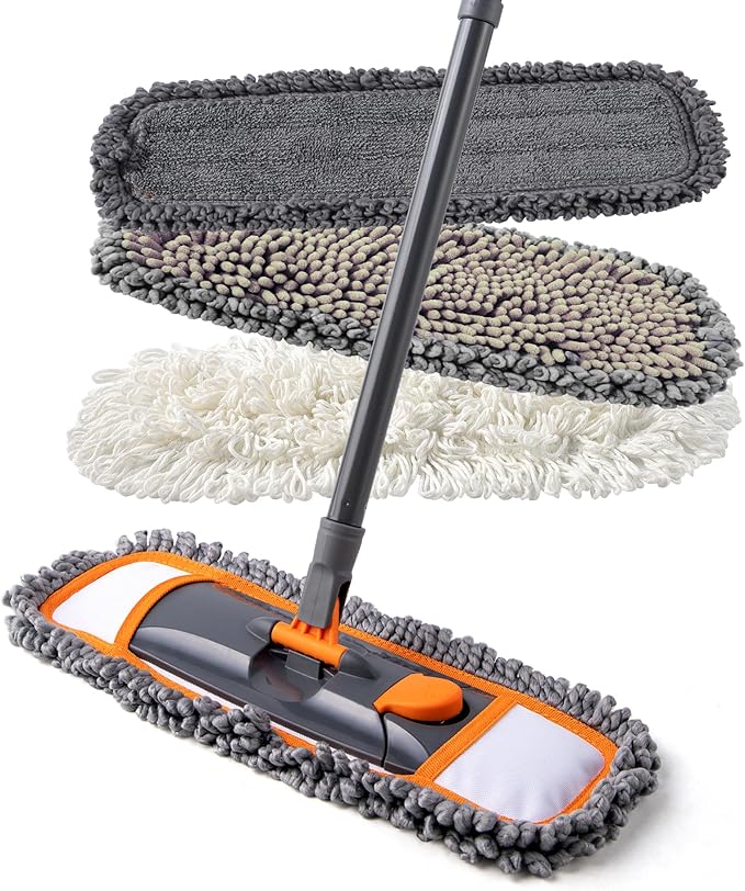 CLEANHOME Mops for Floor Cleaning with 3 Different Washable Pads and Extendable 55” Long Handle, Multifunction Dust Mop for Hardwood,Marble,Tile Floor Mopping,Orange