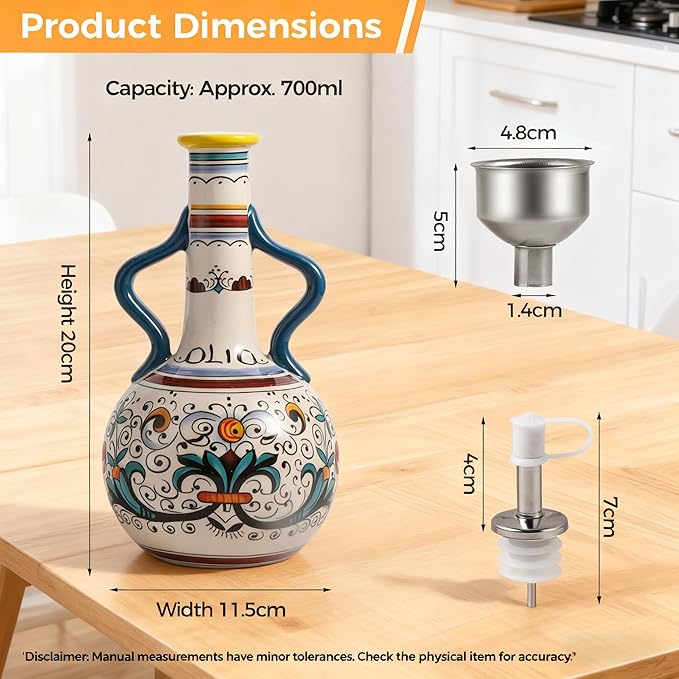 Ceramic Olive Oil Dispenser Bottle 23oz, Large Olive Oil Container for Kitchen, Oil & Vinegar Cruet with Stainless Steel Spout, Ceramic Oil Dispenser with Handle, Drip-Free Cooking Cruet (B)