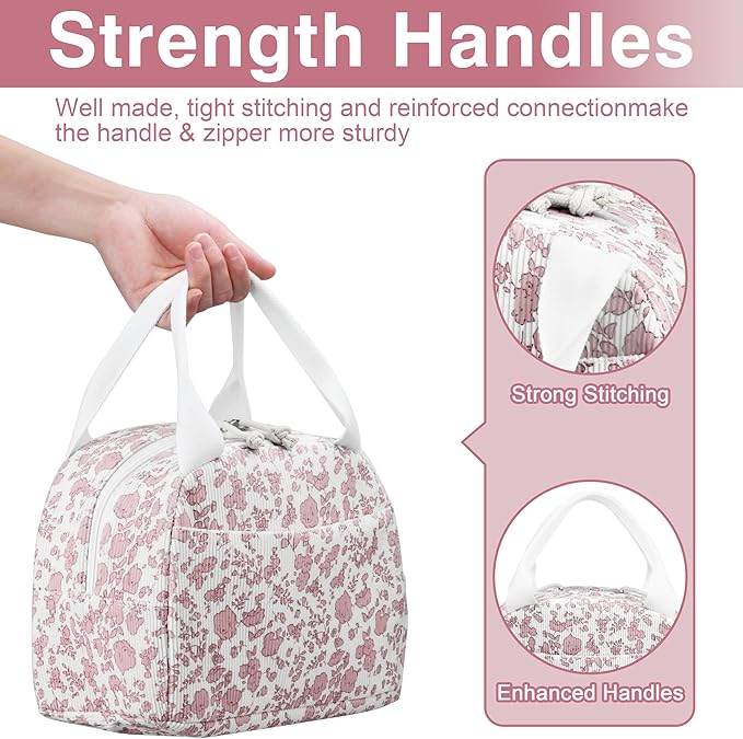 TESAFNG Lunch Bag - Insulated Lunch Box for Women, Reusable Large Capacity Cooler Bag for Adult, Small Leakproof Cute Corduroy Lunch Tote for Work Office Travel Picnic (Corduroy Pink-Flower)