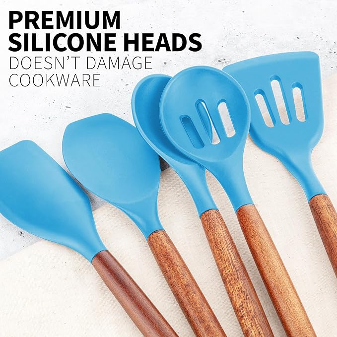 Zulay Kitchen Non-Stick Cooking Utensils Set with Authentic Acacia Wood Handles – 5-Piece Durable & Stylish Silicone Kitchen Utensils Set – Heat Resistant to 464°F – Blue