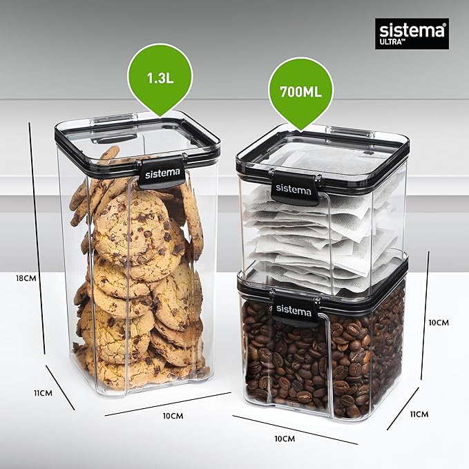 Sistema Tritan Ultra Airtight Pantry & Kitchen Storage Containers, 3-Pack, Clear Stackable Square Food Storage, BPA-Free, Dishwasher & Freezer-Safe
