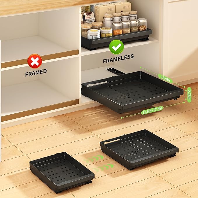 2 Pack Pull Out Cabinet Organizers Expandable (11.6''-17.5''), Plastic Slide Out Drawers for Kitchen, Bathroom, Pantry, Under Sink Storage, Pull Out Drawers Fixed with Adhesive Nano Film (Black)