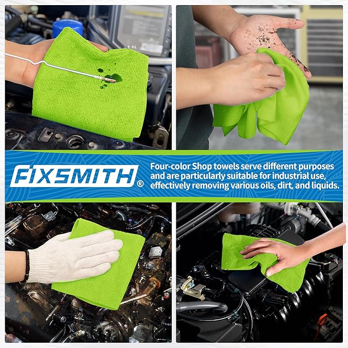 FIXSMITH Microfiber Cleaning Cloth, Shop Towels Bulk, 24 Pack Green Microfiber Towels for Cars, All-Purpose Absorbent Cleaning Rags, Dust Cloth for Automotive, Mechanic, Garage, Bar, 12 x 11 inch