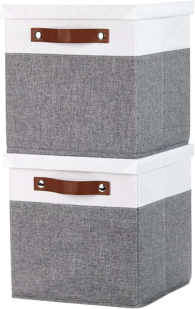 Foldable Fabric Storage Bins with Lids, White&Grey, 10.5x10.5x10.5in