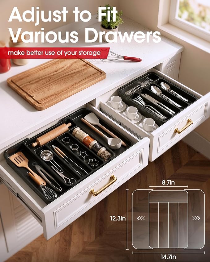 Aujen Silverware Organizer - Expandable Kitchen Drawer Organizer, Adjustable Utensil Organizer, Cutlery Tray for Forks, Knives, Multipurpose Kitchen Organizers and Storage Solution, Black, Medium