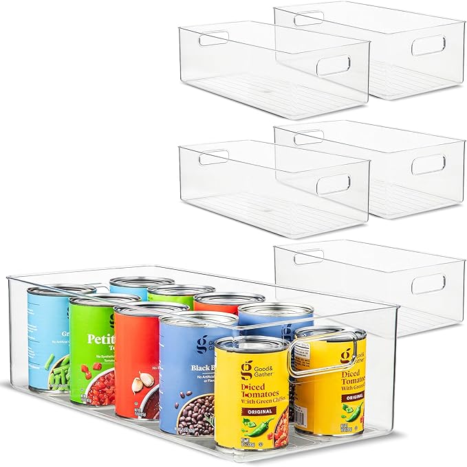 Plastic Food Storage 6 Pack Clear Container Bin with Handles for Organizing Kitchen, Pantry, Refrigerator, Freezer, Pantry, Cabinet, Closet