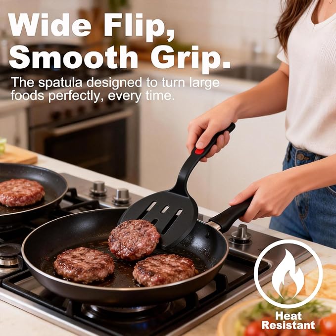 2 Piece Silicone Pancake Spatula Turner, 600°F Heat Resistant Cooking Spatulas for Nonstick Cookware, Large Kitchen Utensils BPA Free Spatula Set for Egg, Pancake, Burger