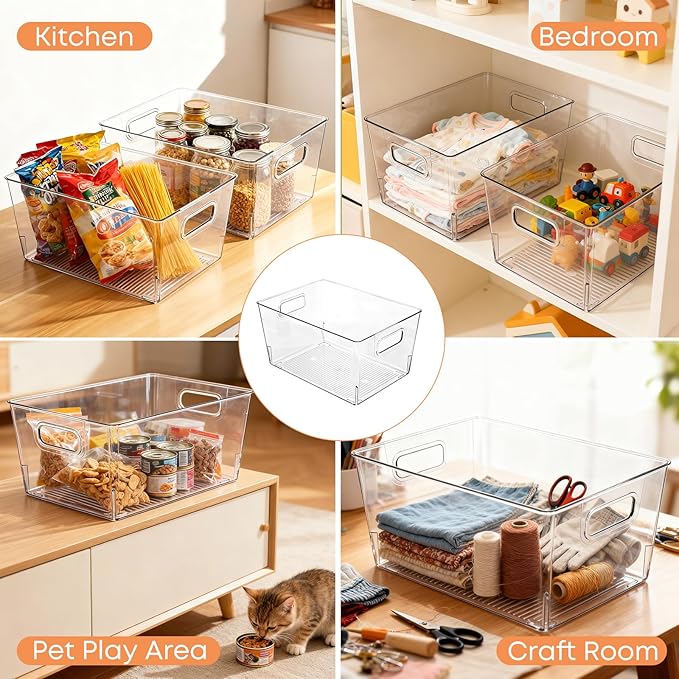 MOONEDGE 8 Pack Clear Plastic Storage Bins, 12 x 8 x 6in Stackable Pantry Organizer Cabinet Containers for Under-Sink Storage, Kitchen, Fridge, Bathroom and Home Organization