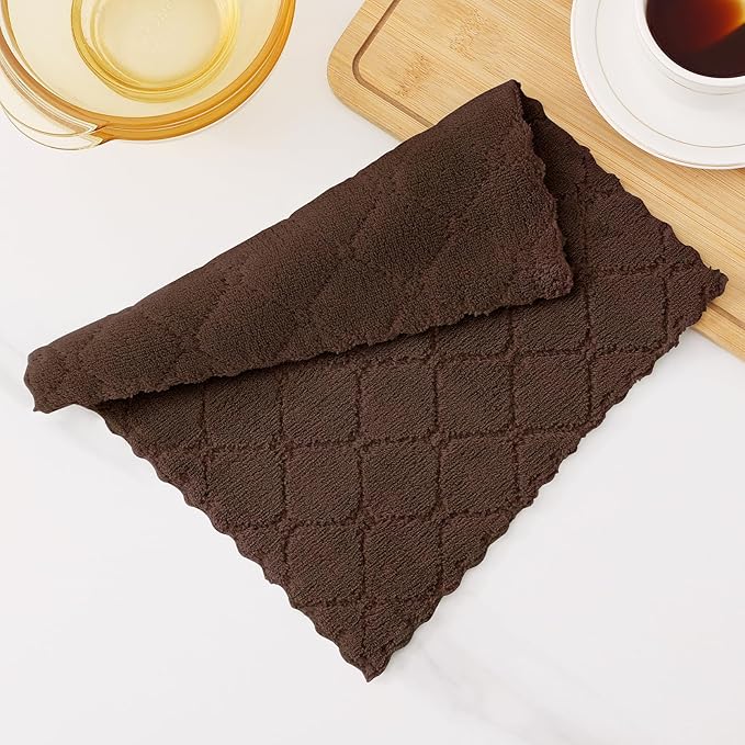 Homaxy 12 Pack Kitchen Dish Cloths (10 x 10 Inches, Brown), Super Soft and Absorbent Coral Velvet Dish Towels, Nonstick Oil Fast Drying Microfiber Cleaning Cloth, No Lint Household Dishcloths