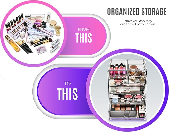 Sorbus Acrylic Makeup Organizer Set, 6-Drawer Vanity & Countertop Cosmetic Storage with Small & Wide Drawers, Black Jewel Makeup Storage for Brushes