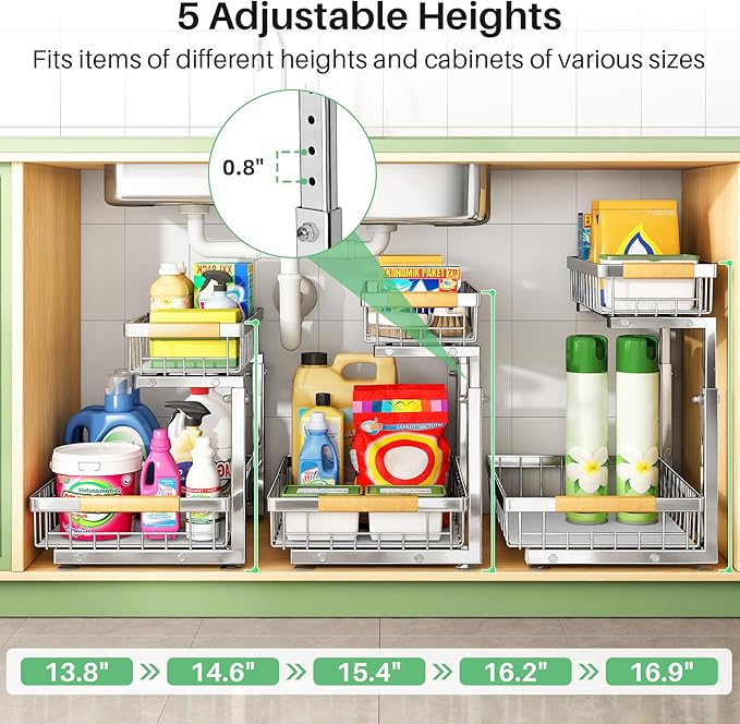Under Sink Organizer, Stainless Steel 2 Packs 2 Tier Under Sink Organizers and Storage, Slide out Pull out Cabinet Shelf