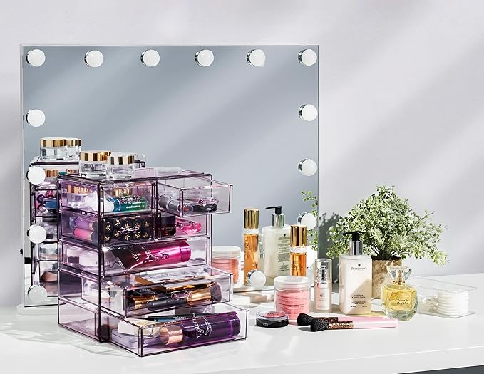 Sorbus Acrylic Makeup Organizer Set, 7-Drawer Vanity & Countertop Cosmetic Storage with Small & Wide Drawers, Purple Makeup Storage for Brushes