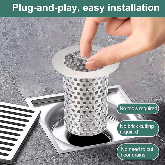 Commercial Floor Drain Strainer, 2 1/2" Lip Diameter x 4" Tall Perforated Cylindrical Mesh 316 Stainless Steel Drain Strainer with Carry Handle for Restaurant/Factory/Kitchen/Laboratory