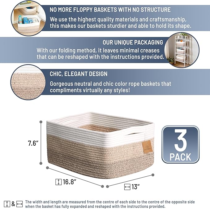 NaturalCozy Storage Baskets 16.8”x13”x7.6” Cotton Rope Woven Baskets for Organizing 3-Pack | Toy Storage Bins | Basket for Shelves, Laundry, Blanket