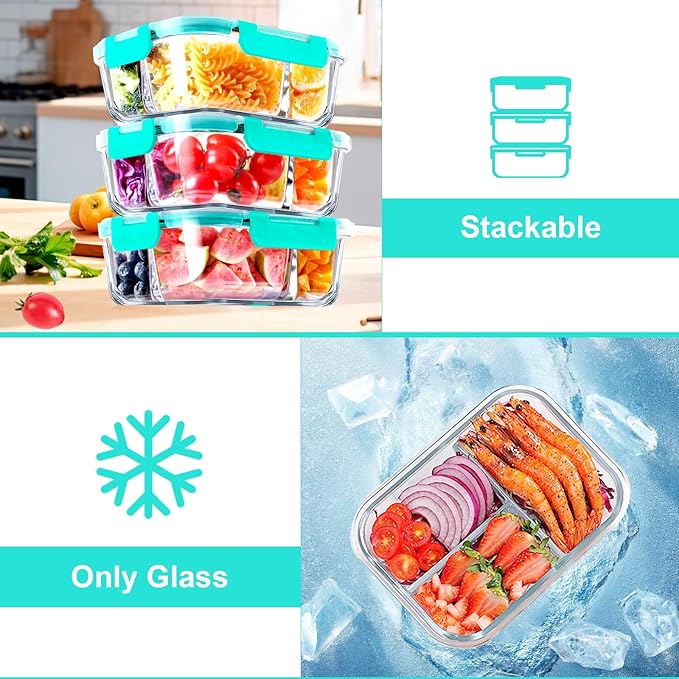 VERONES 5 Pack Glass Meal Prep Containers 3 Compartment Set, 36OZ Airtight Glass Lunch Containers, Glass Food Storage Containers with Lids
