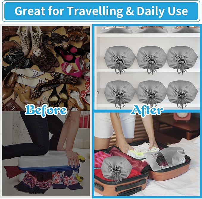 Large Gray Travel Shoe Bags, 10 Pcs with Clear Window, Non-Woven Drawstring
