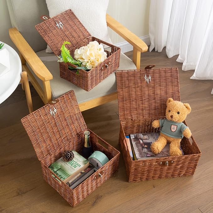 Set of 3 Woven Wicker Storage Basket Box with Lids & Lock, Natural