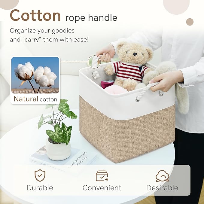 FinishingBo Fabric Cubes Storage Basket, 6 Pack 11x11 inch with Handles Cube Storage Bins, for Shelves, Home, Office Organizers (White/Khaki)