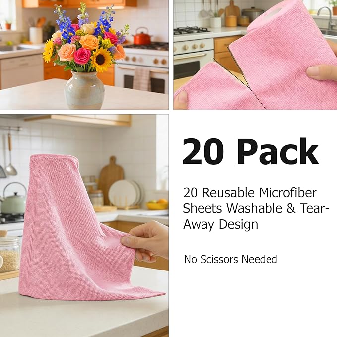 Microfiber Cleaning Cloth Roll Tearaway – Reusable Paper Towels for Kitchen & Home – Microfiber Towel Roll & Fiber Rags Bulk (Pink)