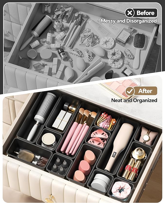 13 Pack Plastic Drawer Organizers Set, Black