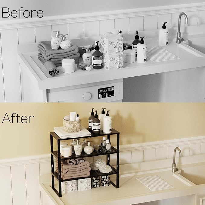 Heavy-Duty Adjustable Metal Shelf Organizer - Expandable & Stackable Pantry Storage Rack for Kitchen, Bathroom, RV, Cabinets(2 Packs/Black, Large)