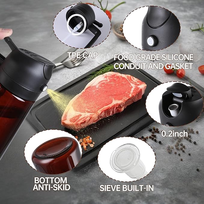 Olive Oil Dispenser, Sprayer for Cooking 2 in 1- Spray and Pour, Premium Dark Black Glass Oil Bottle, 16oz/470ml Light-Blocking Dark Oil Sprayer, for Air Fryer, BBQ, Salad