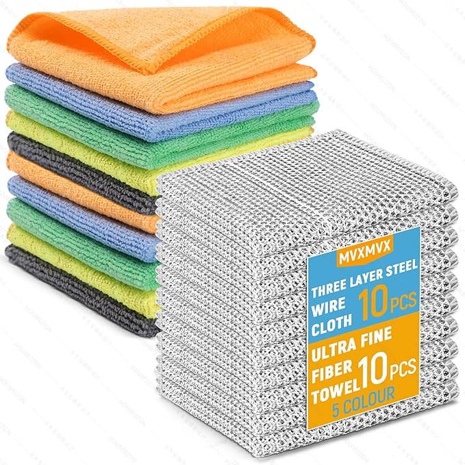 Non Scratch Wire Dishcloth and Microfiber Cleaning Cloth 20pcs-Multipurpose Wire Dishwashing Rags Wire Mesh Cleaning Cloth,Kitchen Towels and Dishcloths Sets for Cleaning Pans Sinks & Cookware (20)