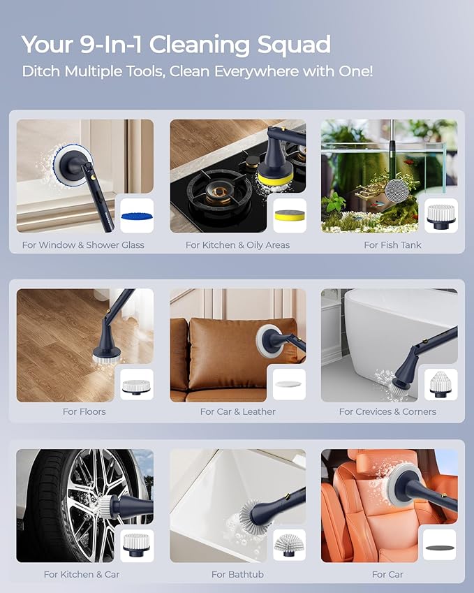 MayKing Electric Spin Scrubber with 9 Brush Heads, 3-Angle & 4-Length Adjustable Cordless Power Scrubber, 3-Speed & Battery LED Display, Electric Scrubber for Cleaning Bathroom Bathtub Floor Tiles