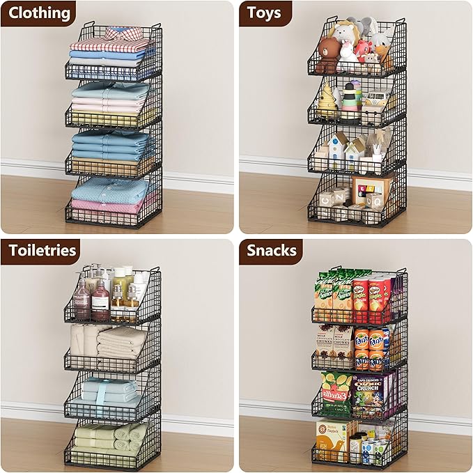 Lyuwanxian 4-Pack Stackable Wire Baskets for Closet Organizers and Storage, Open Storage Bins for Clothes, Toys, and Snacks - Rustic Metal Closet Organizer and Shelves in Black