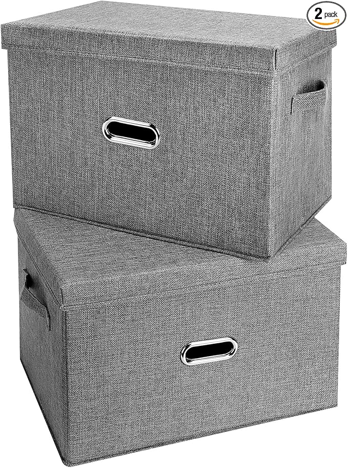 Large Linen Fabric Foldable Storage Bins with Removable Lid and Handles, Washable Storage Box Organizer Containers Baskets Cube with Cover for Bedroom