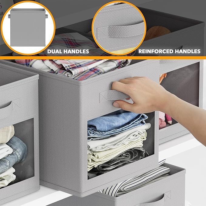 SpaceAid Storage Cubes with Clear Windows, Set of 6 Fabric Bins, 11 Inch Foldable Baskets Boxes for Closet, Cubby Shelf or Cube Storage Organizer, Grey