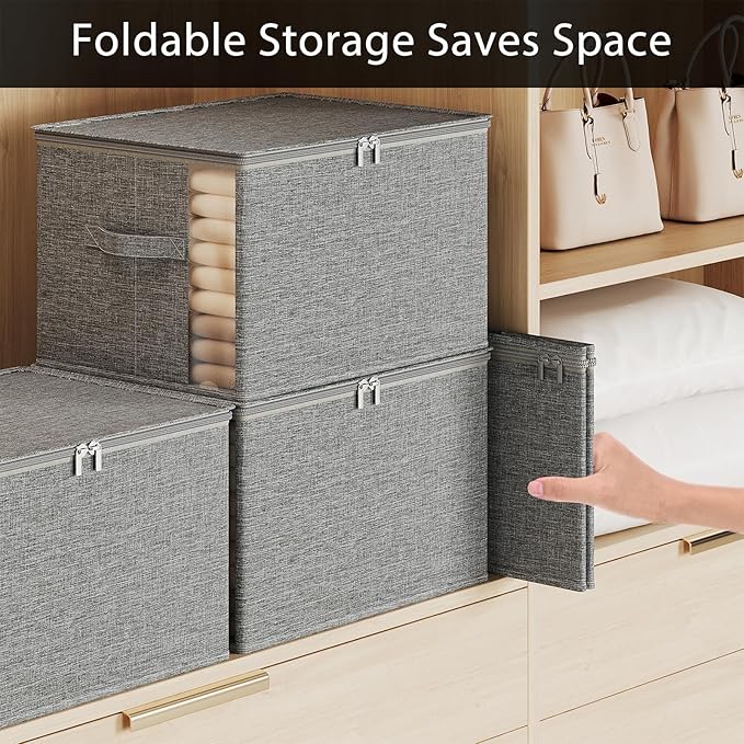 Clothes Storage Bins with Sturdy Frames, Foldable Fabric Clothing Organizer Box for Moving, Sweater Storage Cube with Lids and Zipper, Linen Closet Storage Bags for Blankets, Clothes, Sheet