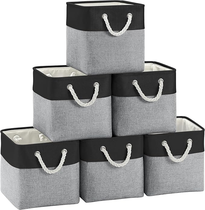 FinishingBo Fabric Cubes Storage Basket, 6 Pack 11x11 in with Handles Cube Storage Bins, for Shelves, Home, Office Organizers (Black/ Gray)