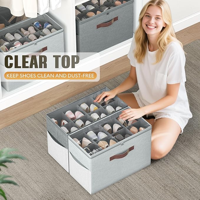 Budding Joy 2 Pack Shoe Organizer for Closet, Clear Foldable Shoe Storage Containers Adjustable Dividers Fits 16 Pairs