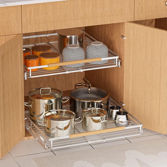 SANNO Pull Out Cabinet Organizer, Kitchen Sliding Shelf Under Sink Shelf, Expandable Drawer Shelves with Sliding Steel Metal Cabinet Drawers Slide Out, Chrome Finish，Expandable 12.1 to 18.4" W