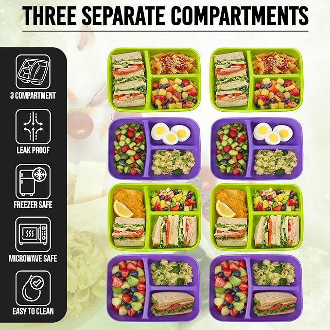 Neez 4-Pack Reusable Bento Box Lunch Containers- 3 Compartment Divided Lunch Organizer, Meal Prep Lunch Box with Lids, Microwave Safe & Sectioned Food Containers(48oz Green & Purple)