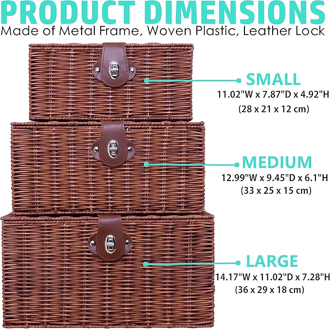 Set of 3 Woven Wicker Storage Basket Box with Lids & Lock, Natural
