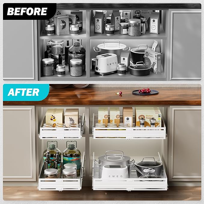Pull Out Cabinet Organizer, Expandable Width 13"-22", Heavy Duty Metal Slide Out Drawers for Cabinets, Expandable Cabinet Pull Out Shelves for Kitchen, Pantry, Bathroom, White