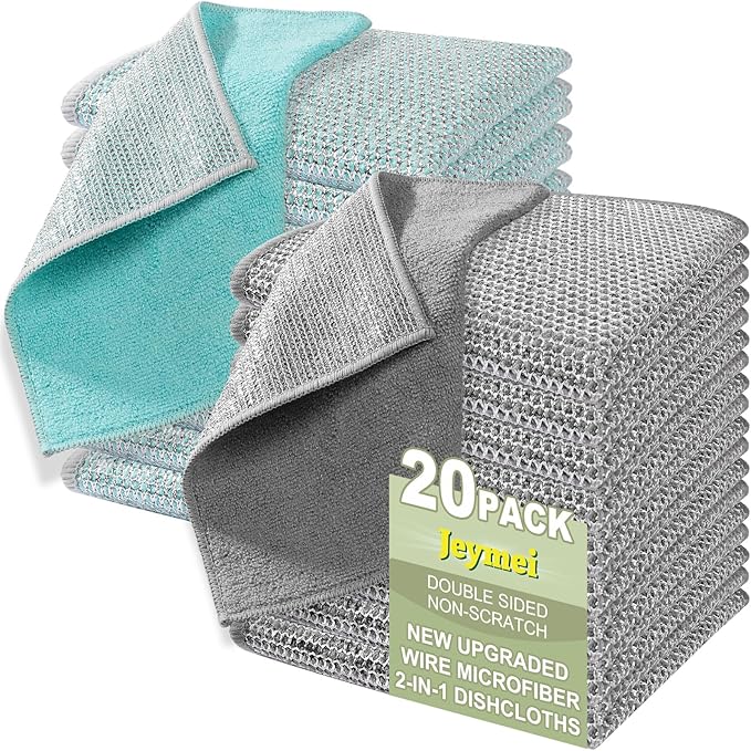 Jeymei 20Counts Multipurpose Wire Dishwashing Rag,Non Scratch Wire Dishcloth,Microfiber Miracle Cleaning Cloth with Mesh,Dual-Sided Steel Mesh Cloth for Pot,Metal Scrubber for Washing Dishes,Grey&Blue