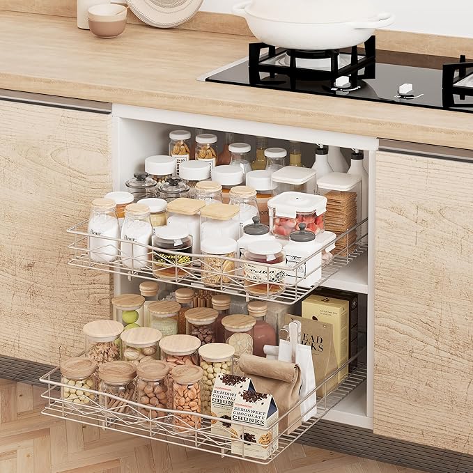 Pull Out Cabinet Organizer, 50LB Load Capacity Bottom-mount Sliding Drawer for Pots and Pans, 17" W x 21" D Under Sink Storage Shelf for Cabinet Opening 18" W x 22" D or Larger, Chrome Finish