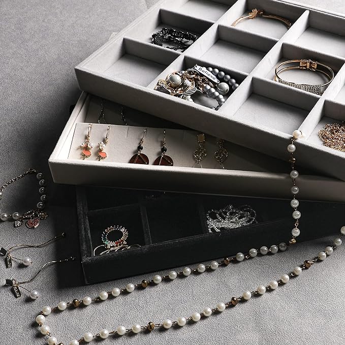 Frebeauty Stackable Velvet Jewelry Organizer Trays for Drawers Inserts Jewelry Storage Tray Display Case