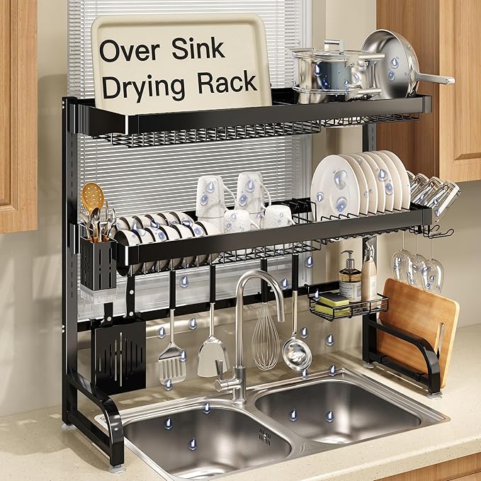 3 Tier Extra Large Stainless Steel Expandable Over The Sink Dish Drainer Drying Rack, Rust Proof Metal, Space Saving, Modern Black Big Capacity Extendable Plate Strainers Above Kitchen Counter