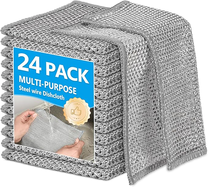 24Pack Multipurpose Wire Dishwashing Rags, Upgrade Non Scratch Wire Dishcloth, for Wet and Dry Use, Reusable Metal Scrubbing Microfiber Clean Cloths for Home/Kitchen/Stove