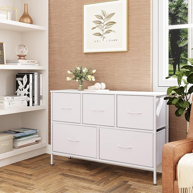 WLIVE White Dresser for Bedroom with 5 Drawers, Chest of Drawers, Fabric Small Dresser with Drawer Organizers, Storage Organizer Unit for Hallway, Entryway, Closets