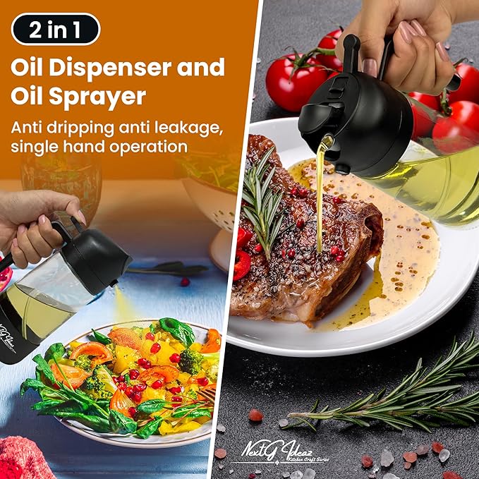 Oil Dispenser, 2 In 1 Cooking Oil Sprayer and Pourer, Non-Drip Spout for Kitchen Oil, Air Fryer, Salad, Grill, 16oz/470ml with Silicone-Encased Base (Black Cap, Clear Bottle)