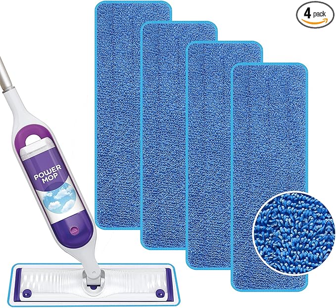 Reusable Power Mop Refill Pads for Swiffer Power Mop Starter Kit - Swifter Powermop Pads Refills - Multi-Surface & Wood Mopping Pad Refill for Floor Cleaning - Washable Microfiber Pad, 4 Pack