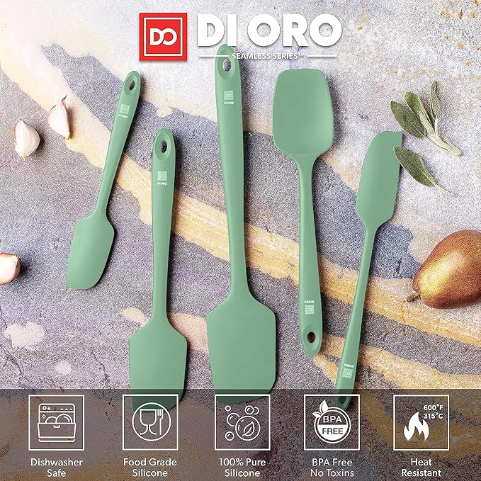 DI ORO Silicone Spatula Set - Rubber Kitchen Spatulas for Baking, Cooking, & Mixing - 600°F Heat-Resistant & BPA Free Silicone Scraper Spatulas for Nonstick Cookware - Dishwasher Safe (5pc, Sage)