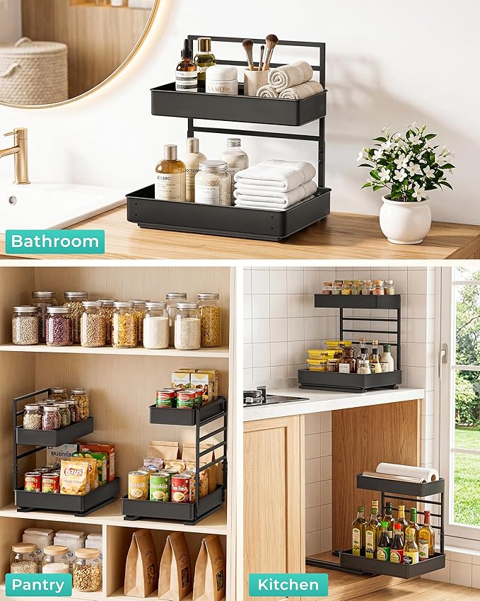 Metal Pull Out Slide Shelf Organizer for Under Sink Organization in Kitchen